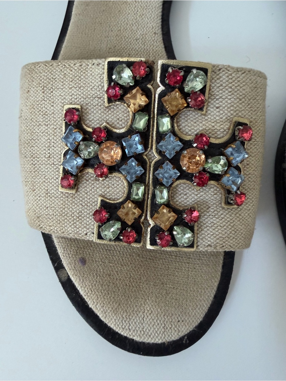 Tory Burch 10mm Ines Embellished Linen Slides in Neutral, Size 7 - Picture 2 of 9